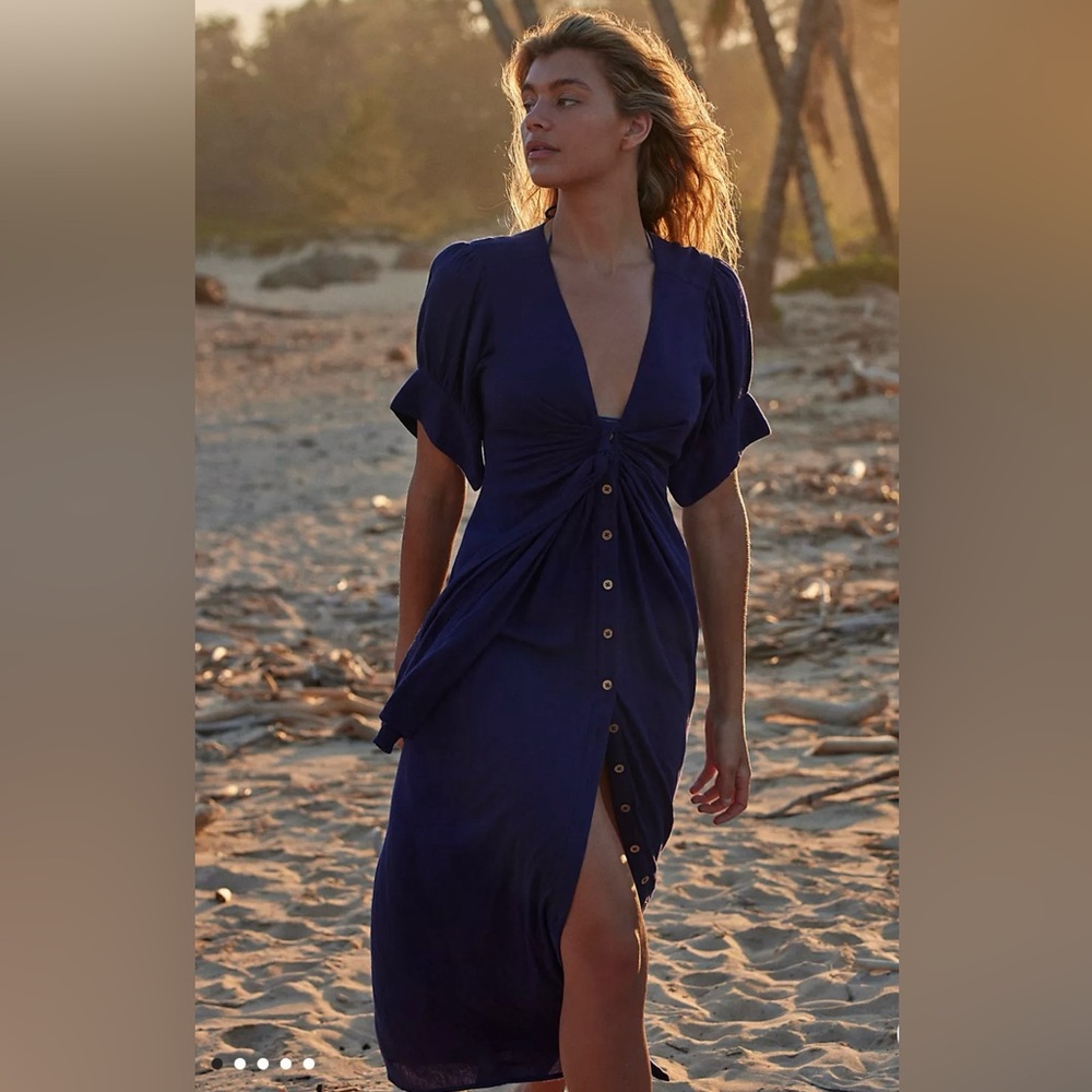 Free People Vintage Summer Short Sleeve Midi Dress Blue Size Linen Blend Medium